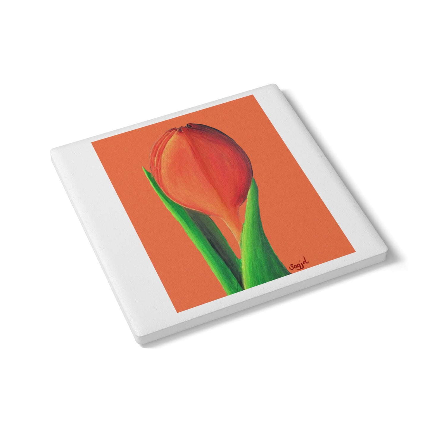 Orange Tulip Ceramic Coaster - Spring Floral Home Decor