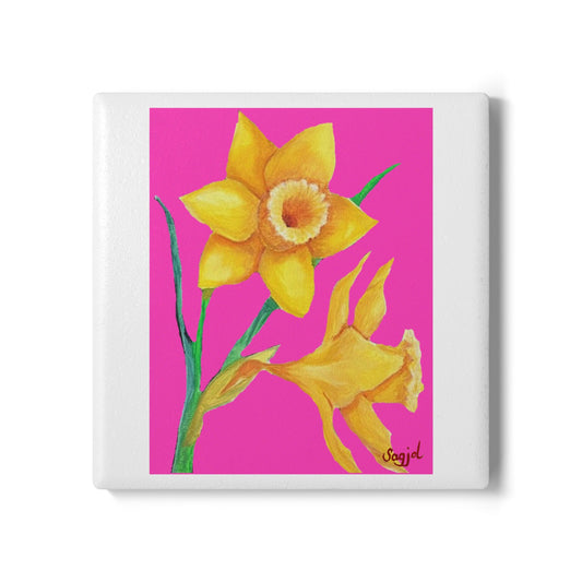 Pink Daffodil's Ceramic Coaster - Spring Floral Home Decor