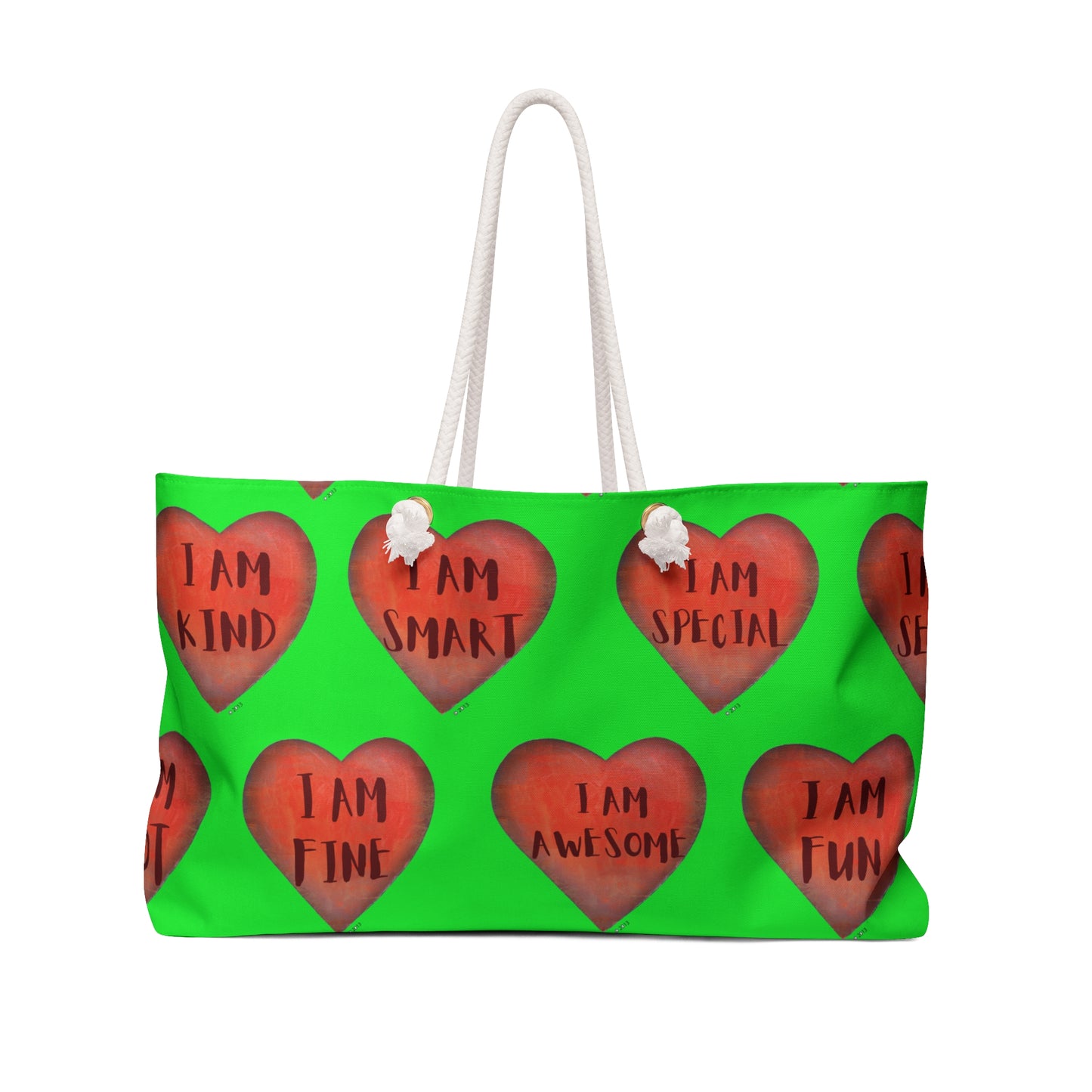 Weekender Bag - Fun Colorful Beach or Weekend Bag Perfect for Mother's Day Gift - Green Hand painted Heart art bag