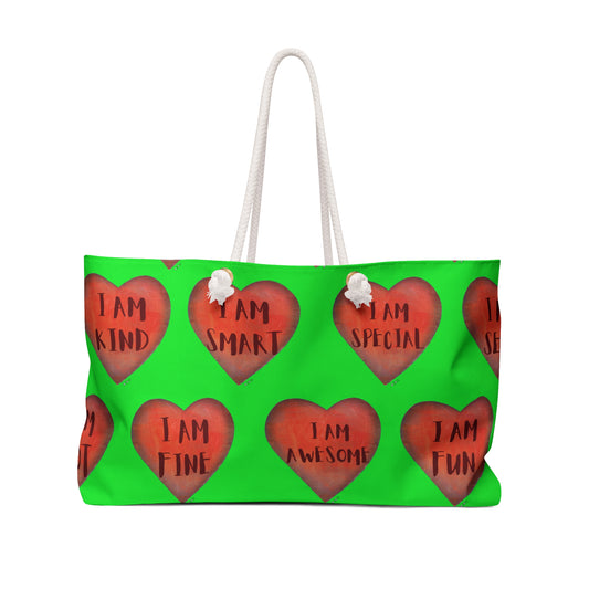 Weekender Bag - Fun Colorful Beach or Weekend Bag Perfect for Mother's Day Gift - Green Hand painted Heart art bag