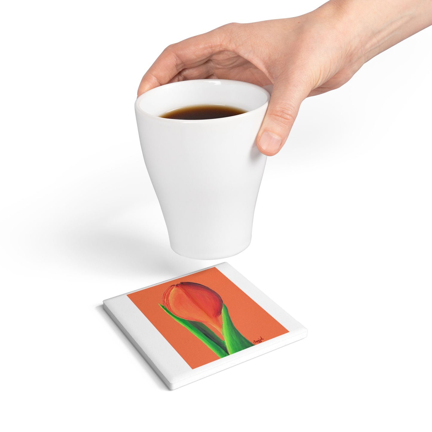 Orange Tulip Ceramic Coaster - Spring Floral Home Decor