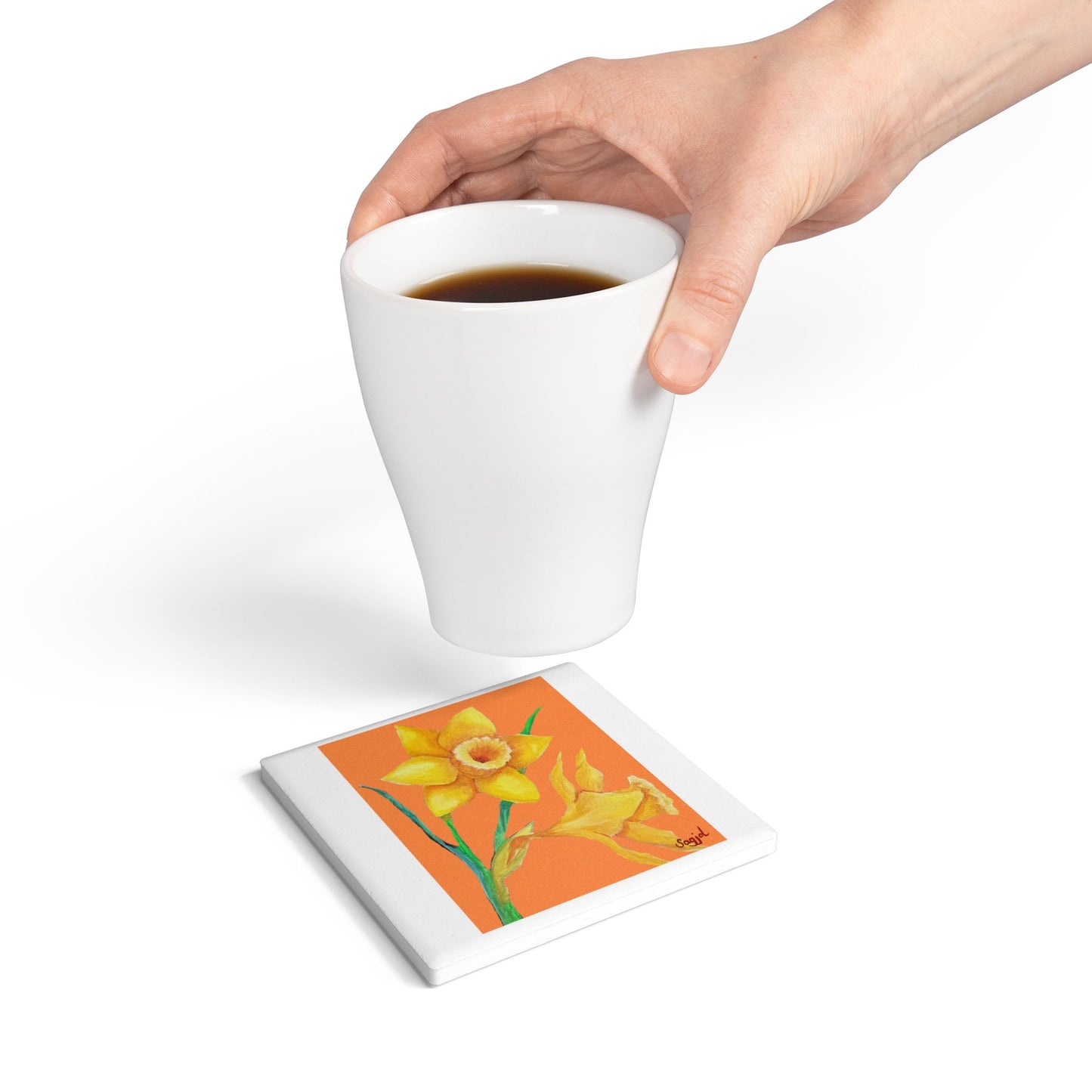 Orange Daffodil Ceramic Coaster - Spring Floral Home Decor