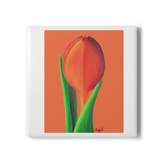 Orange Tulip Ceramic Coaster - Spring Floral Home Decor
