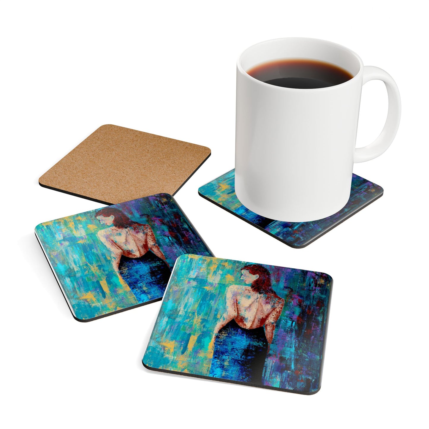 Coaster Set - "Lady in Blue" Original Hand Painted Art - Cork Backet Coasters
