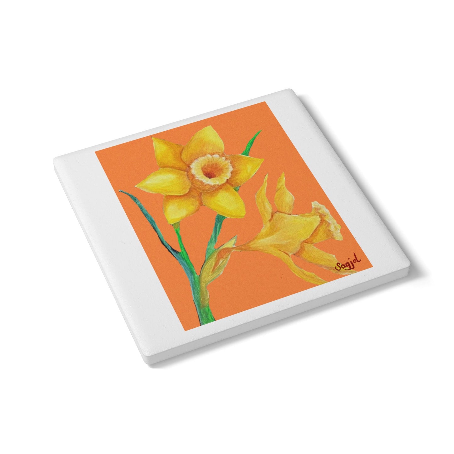 Orange Daffodil Ceramic Coaster - Spring Floral Home Decor