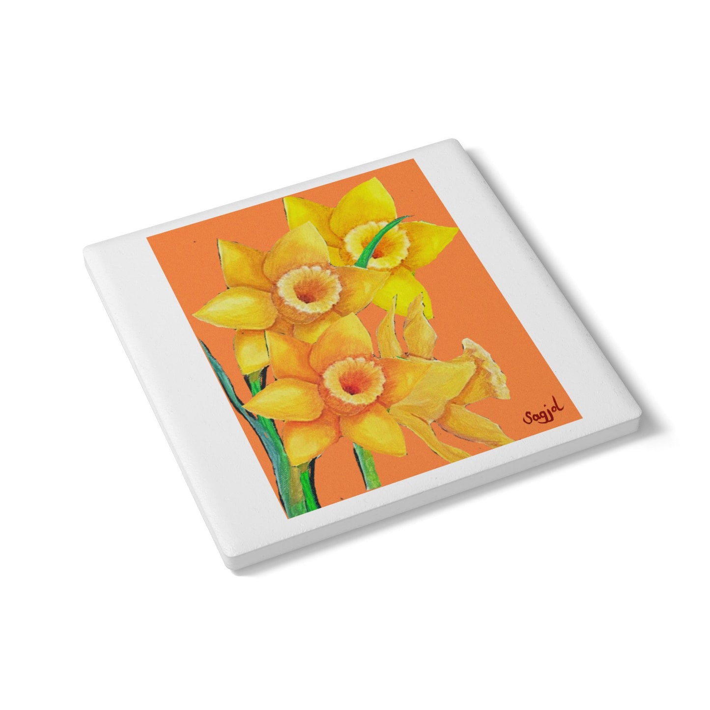 Orange Daffodil's Ceramic Coaster - Spring Floral Home Decor