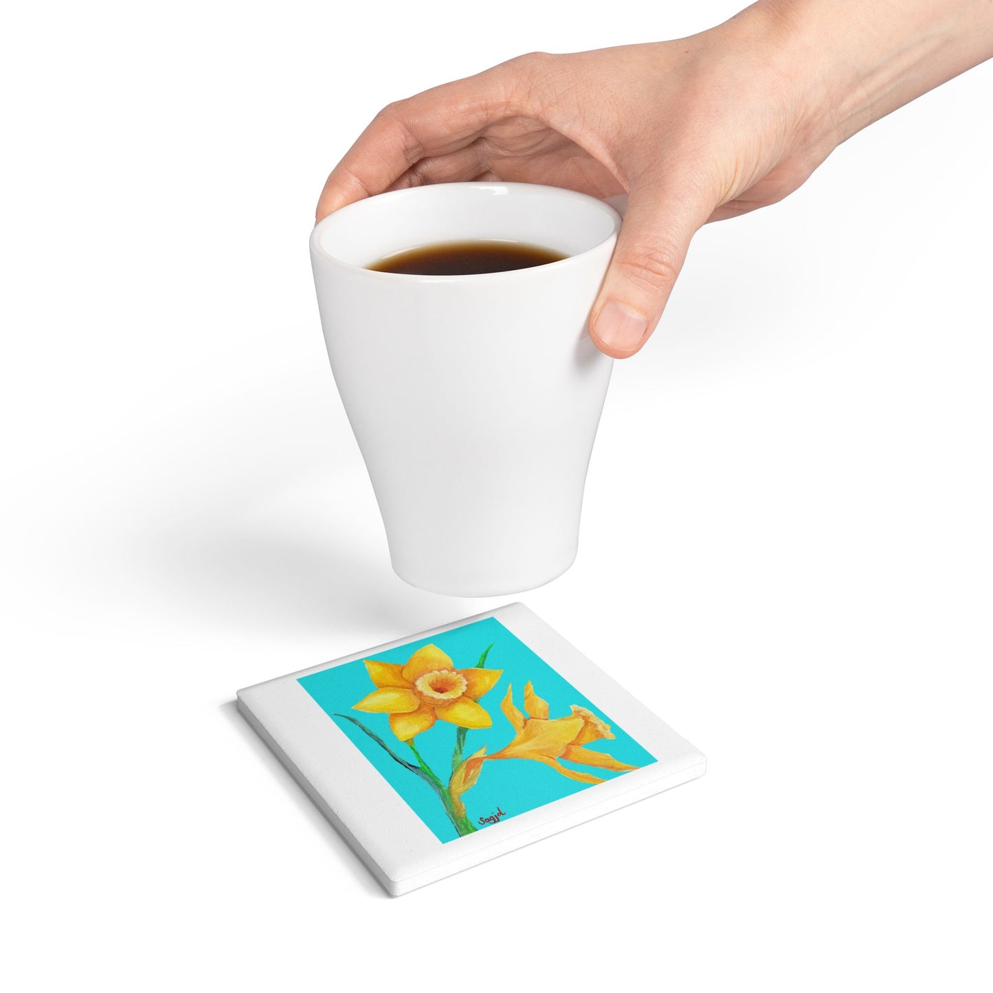 Blooming Daffodil Ceramic Coaster - Floral Home Decor