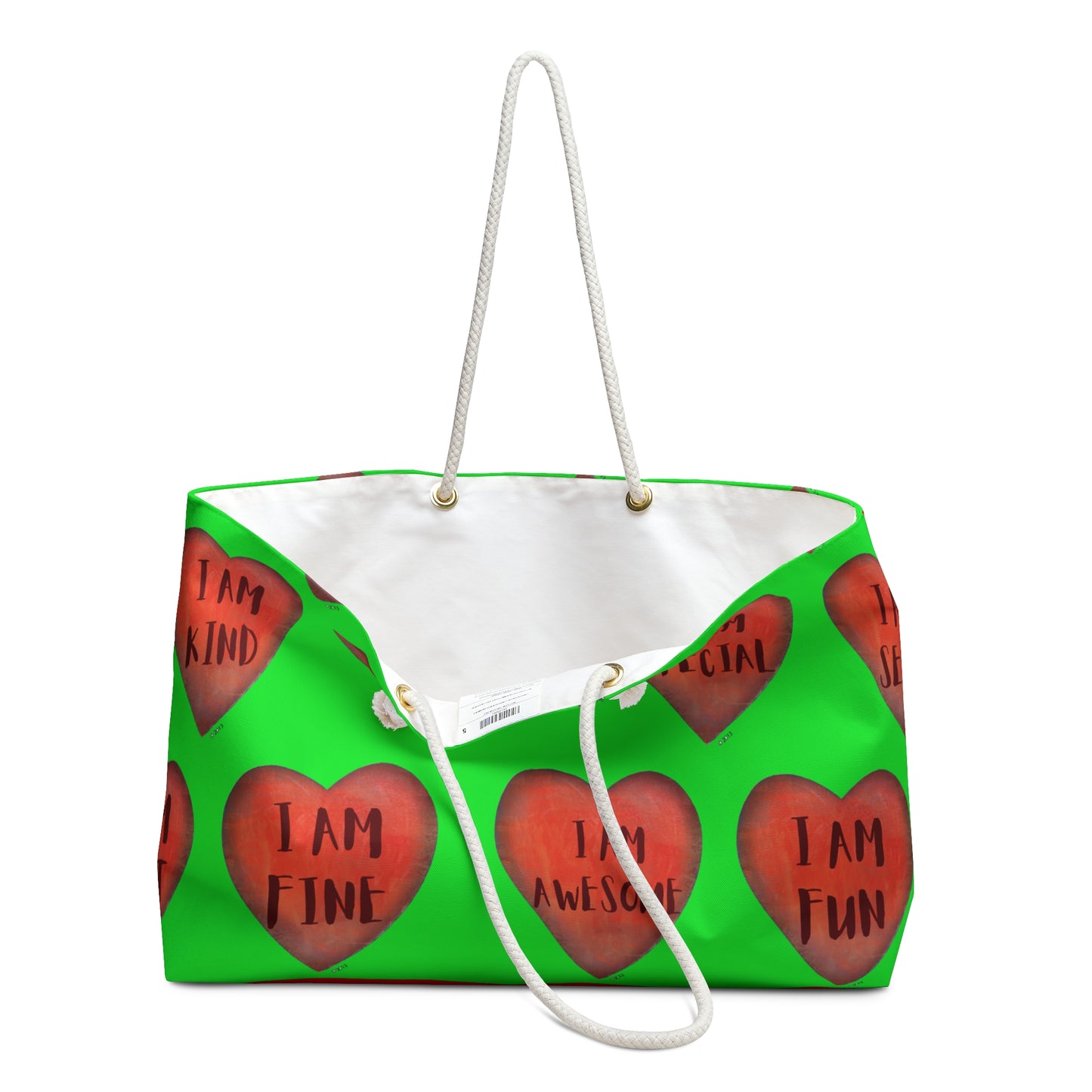 Weekender Bag - Fun Colorful Beach or Weekend Bag Perfect for Mother's Day Gift - Green Hand painted Heart art bag