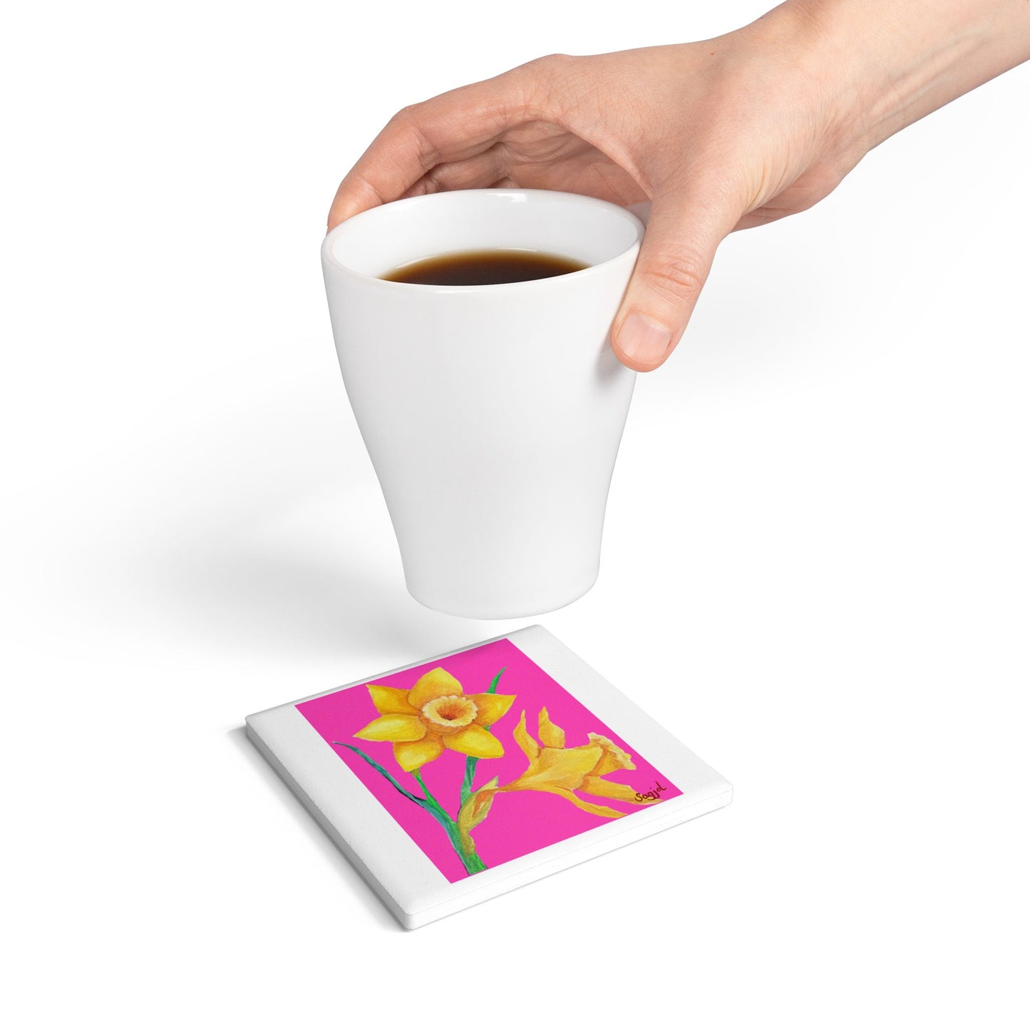 Pink Daffodil's Ceramic Coaster - Spring Floral Home Decor