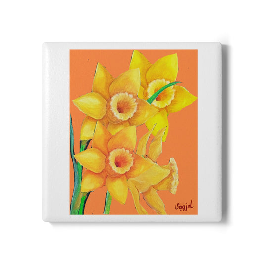 Orange Daffodil's Ceramic Coaster - Spring Floral Home Decor