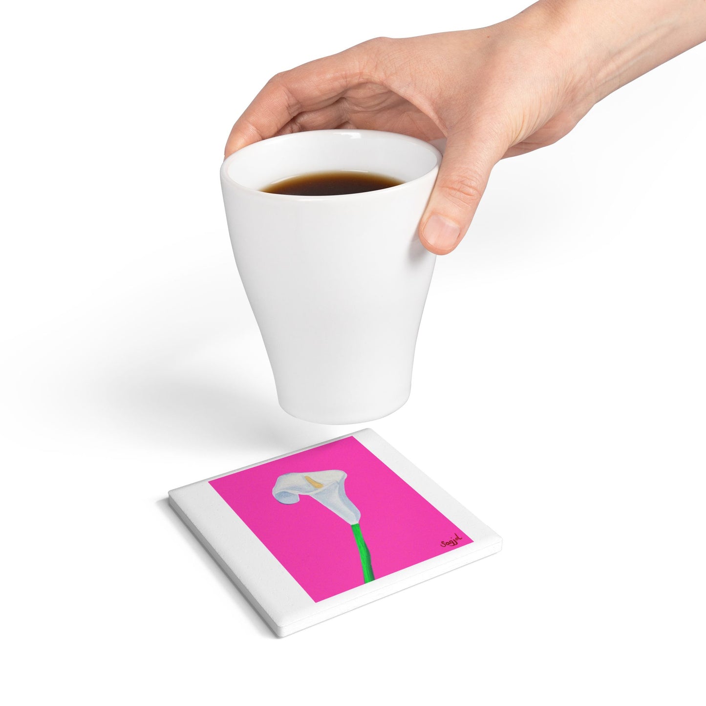 Pink Lilly Ceramic Coaster - Spring Floral Home Decor