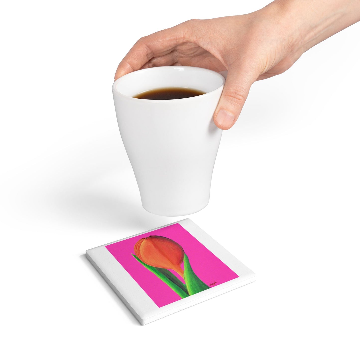 Pink Tulip Ceramic Coaster - Spring Floral Home Decor