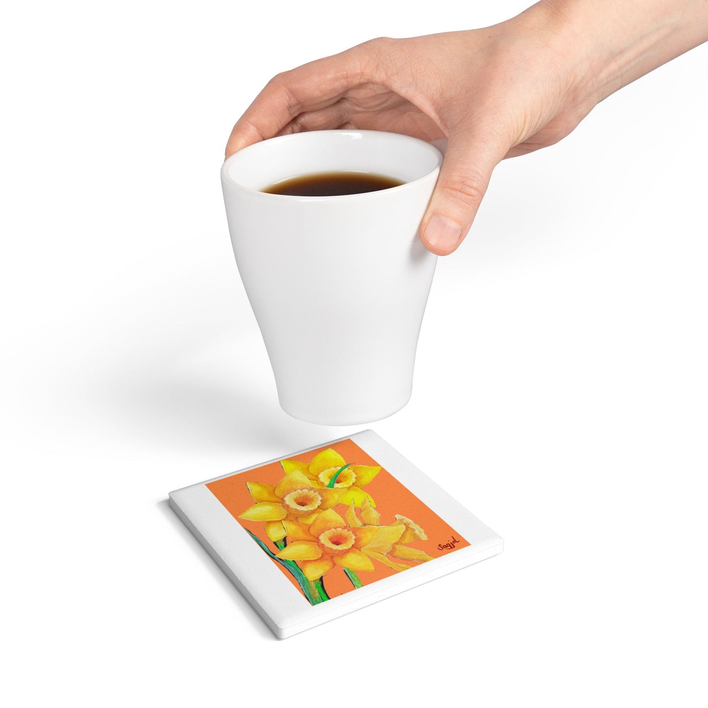 Orange Daffodil's Ceramic Coaster - Spring Floral Home Decor