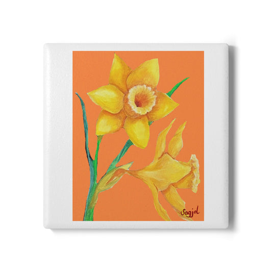 Orange Daffodil Ceramic Coaster - Spring Floral Home Decor
