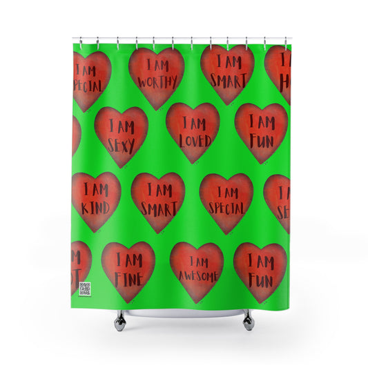 Shower Curtain - Motivational Heart Bath Curtain- Stamina - Green Curtain for Shower College Dorm Sower Curtain