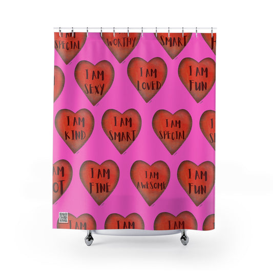 Shower Curtain - Motivational Heart Bath Curtain- Stamina - Pink Curtain for Shower