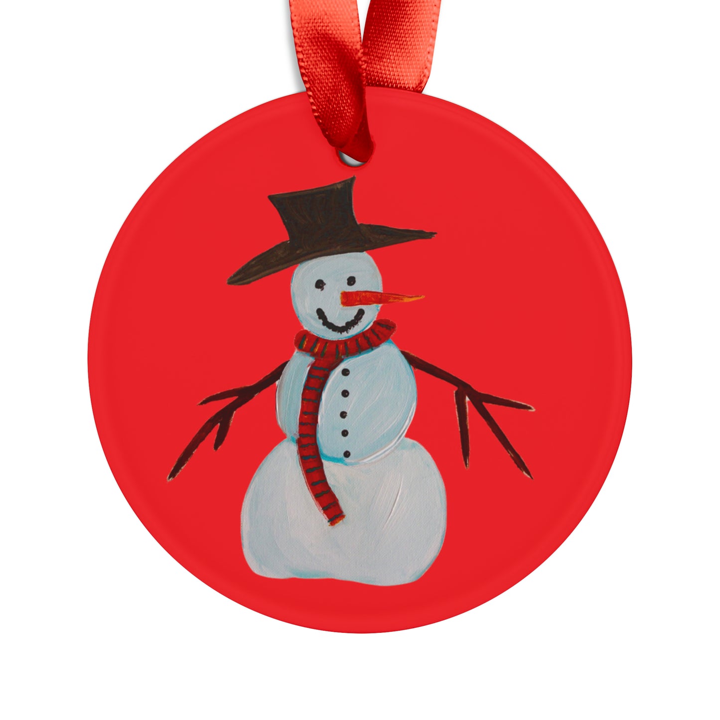 Red Holiday Snowman Ornament with Ribbon - Tree Ornament