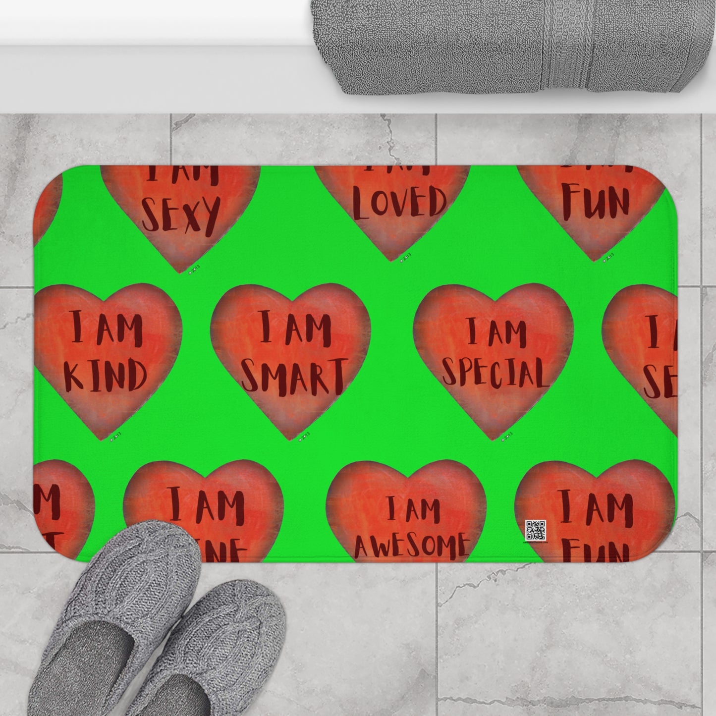 Bath Mat - Green Heart Bathroom mat - Unique Bath mat - Motivational Hearts