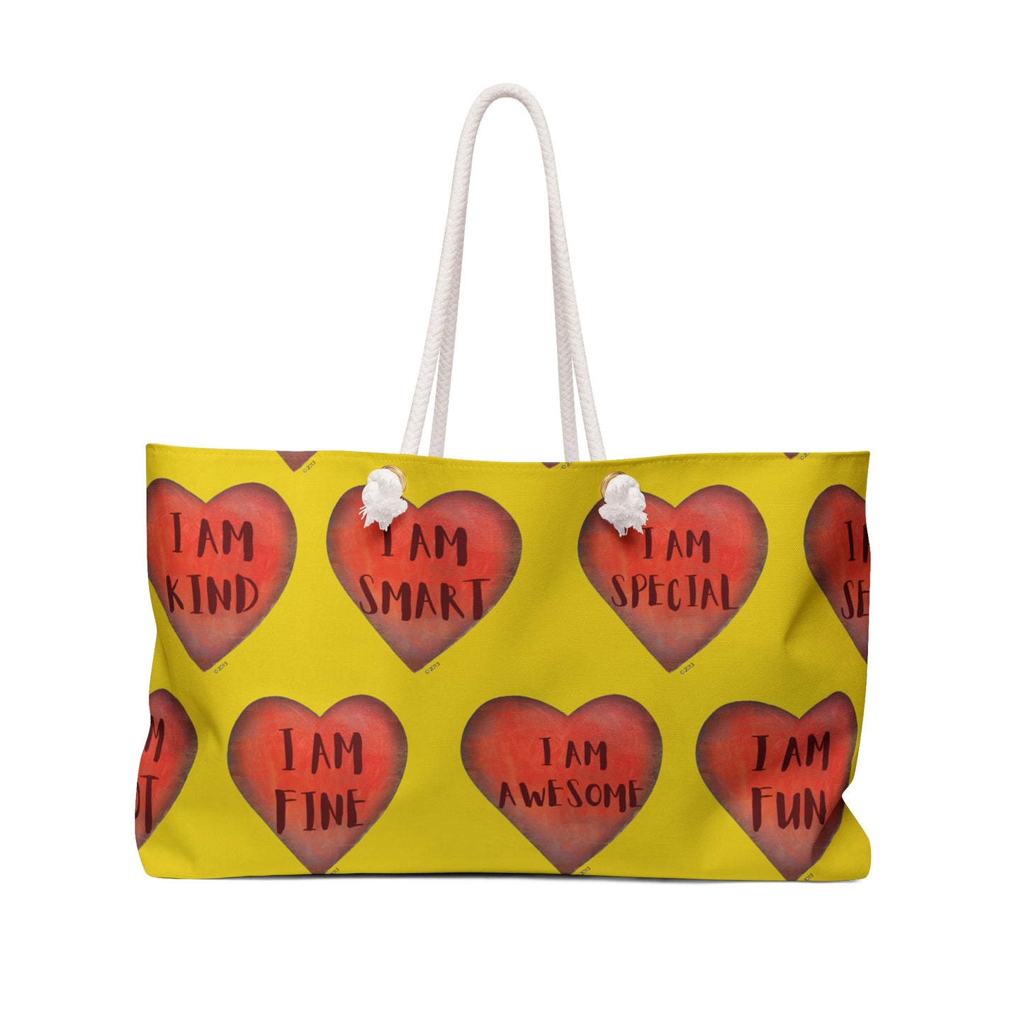 Weekender Bag - Fun Colorful Beach or Weekend Tote Perfect for Mother's Day Gift - Yellow Hand Painted Heart art bag - Cruise bag