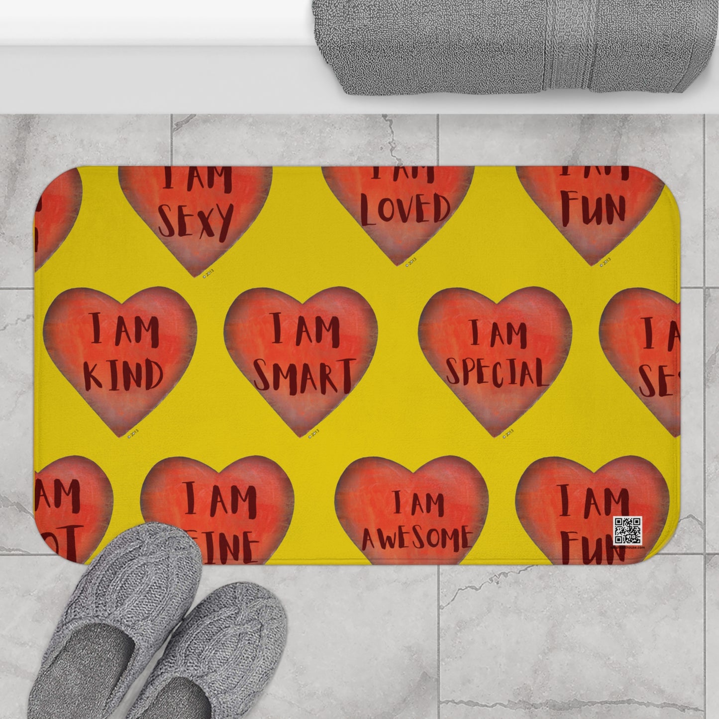 Bath Mat - Yellow Heart Bathroom mat - Unique Bath mat - Motivational Hearts