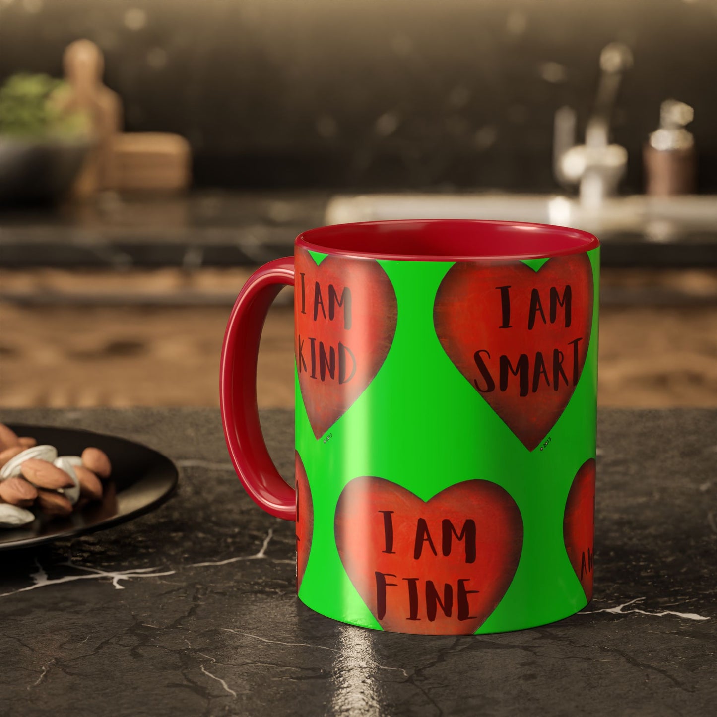 Green Heart Mug - Colorful hand painted mug - Motivational Heart Mug - Green Coffee Mug