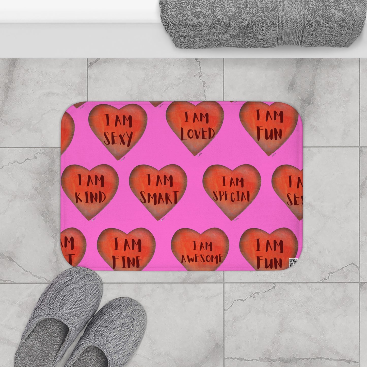 Bath Mat - Pink Heart Bathroom mat - Unique Bath mat - Motivational Hearts