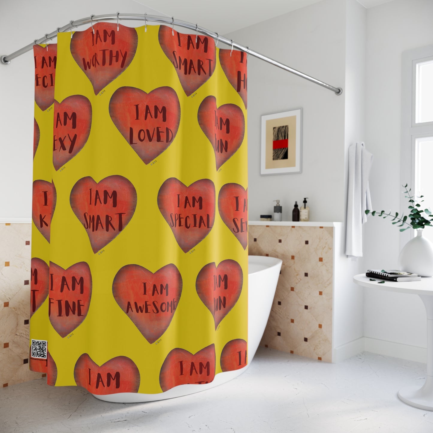 Shower Curtain - Motivational Heart Bath Curtain- Stamina - Yellow Curtain for Shower