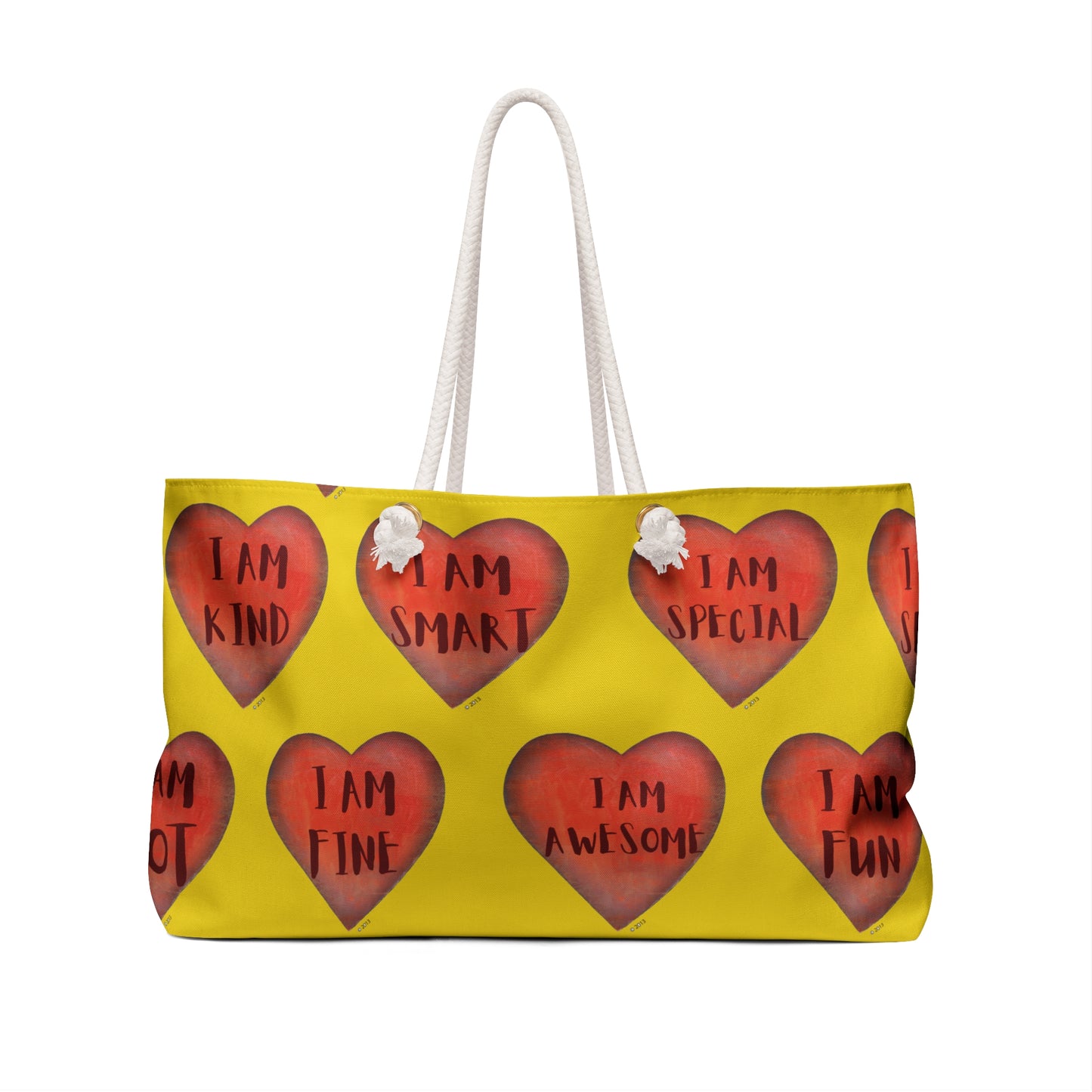 Weekender Bag - Fun Colorful Beach or Weekend Tote Perfect for Mother's Day Gift - Yellow Hand Painted Heart art bag - Cruise bag