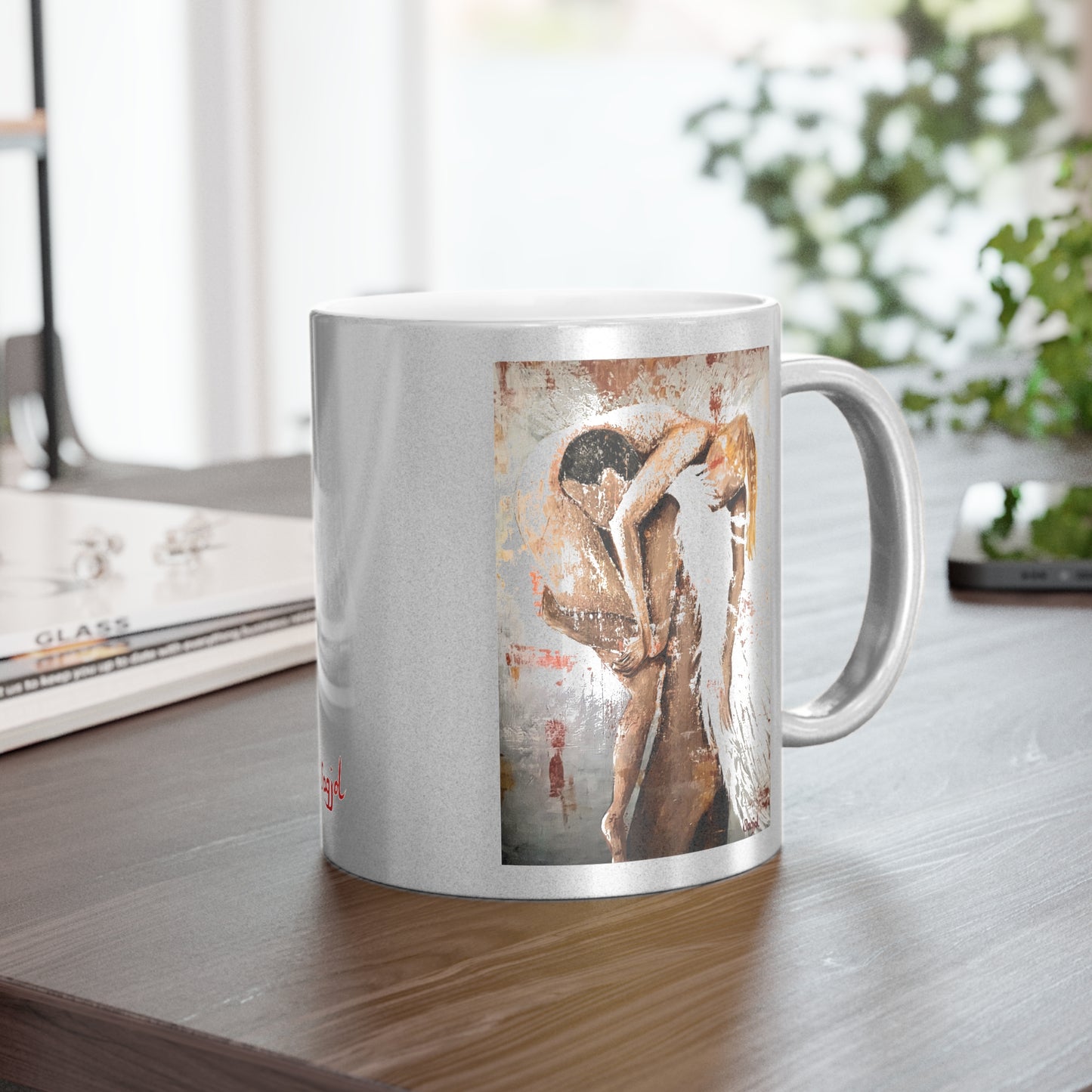 Metallic Mug - Silver Mug - Hand painted Art Mug - Angel Rescue