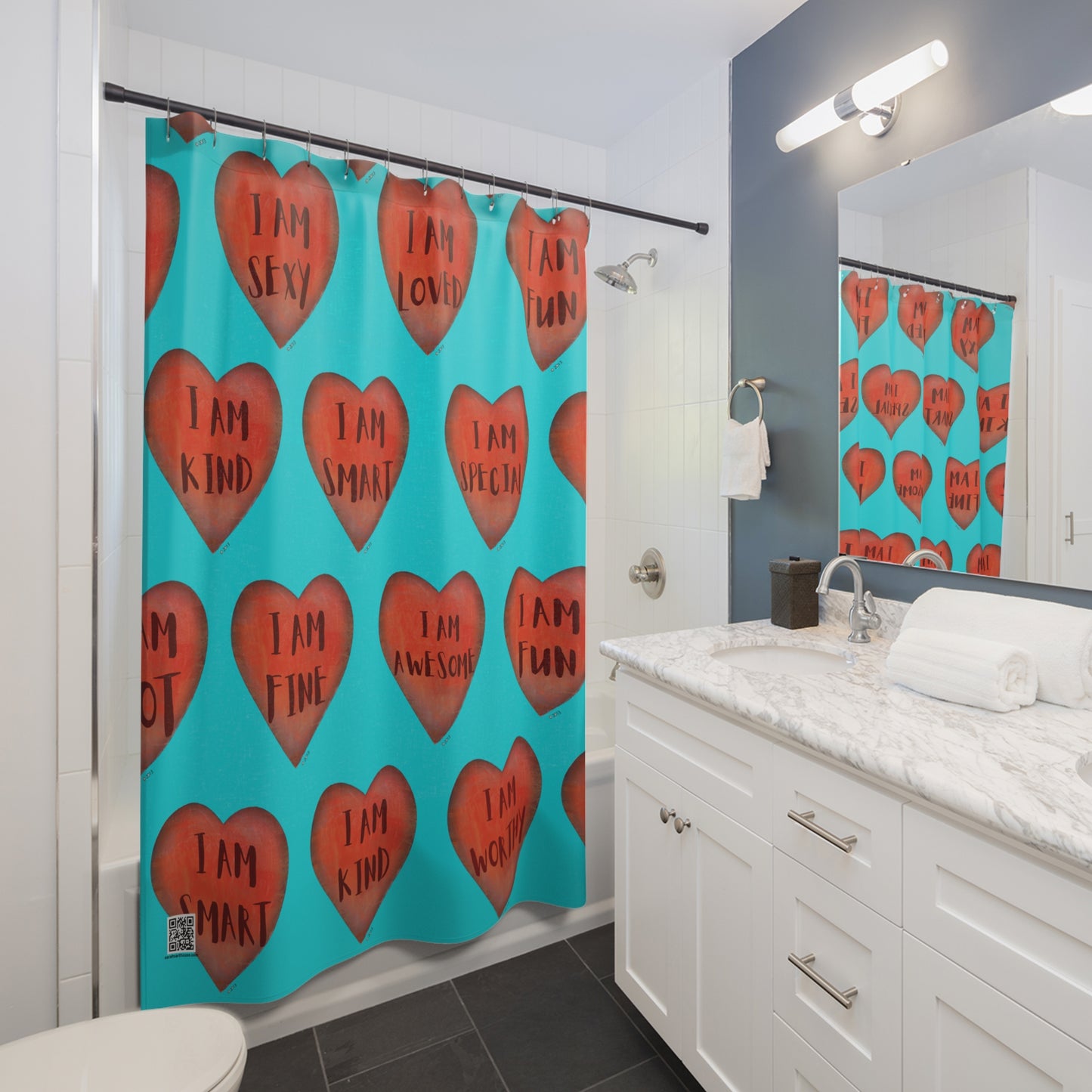 Shower Curtain - Motivational Heart Bath Curtain- Stamina - Turquoise Curtain for Shower - College Bath Curtain