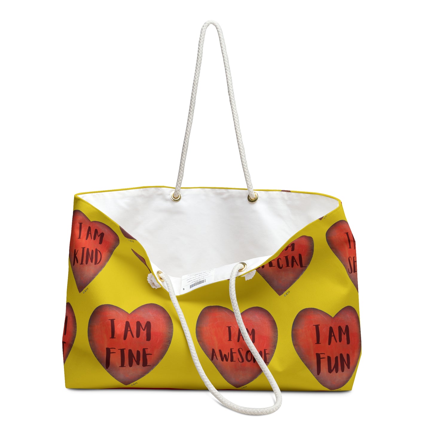 Weekender Bag - Fun Colorful Beach or Weekend Tote Perfect for Mother's Day Gift - Yellow Hand Painted Heart art bag - Cruise bag