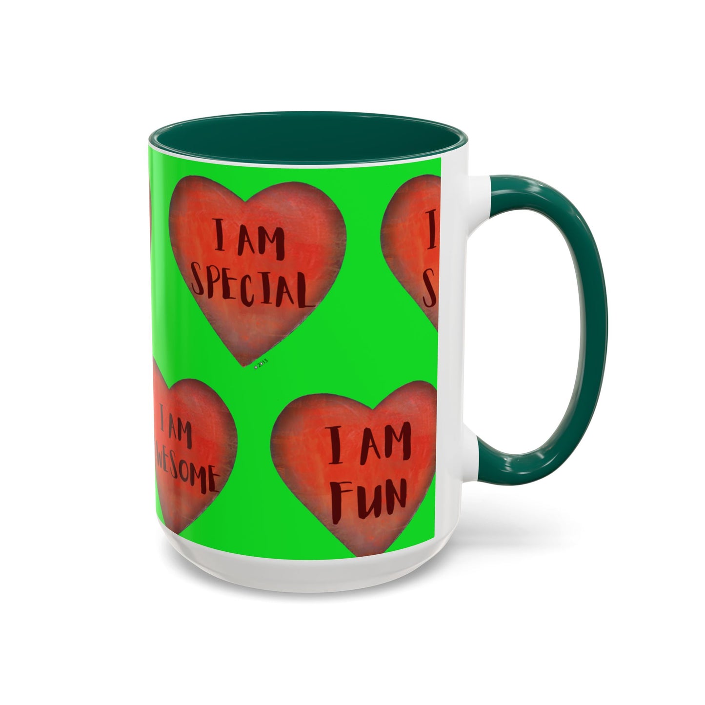 Green Heart Mug - Colorful hand painted mug - Motivational Heart Mug - Green Coffee Mug