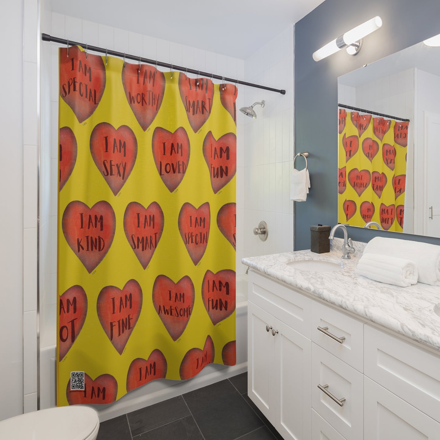 Shower Curtain - Motivational Heart Bath Curtain- Stamina - Yellow Curtain for Shower