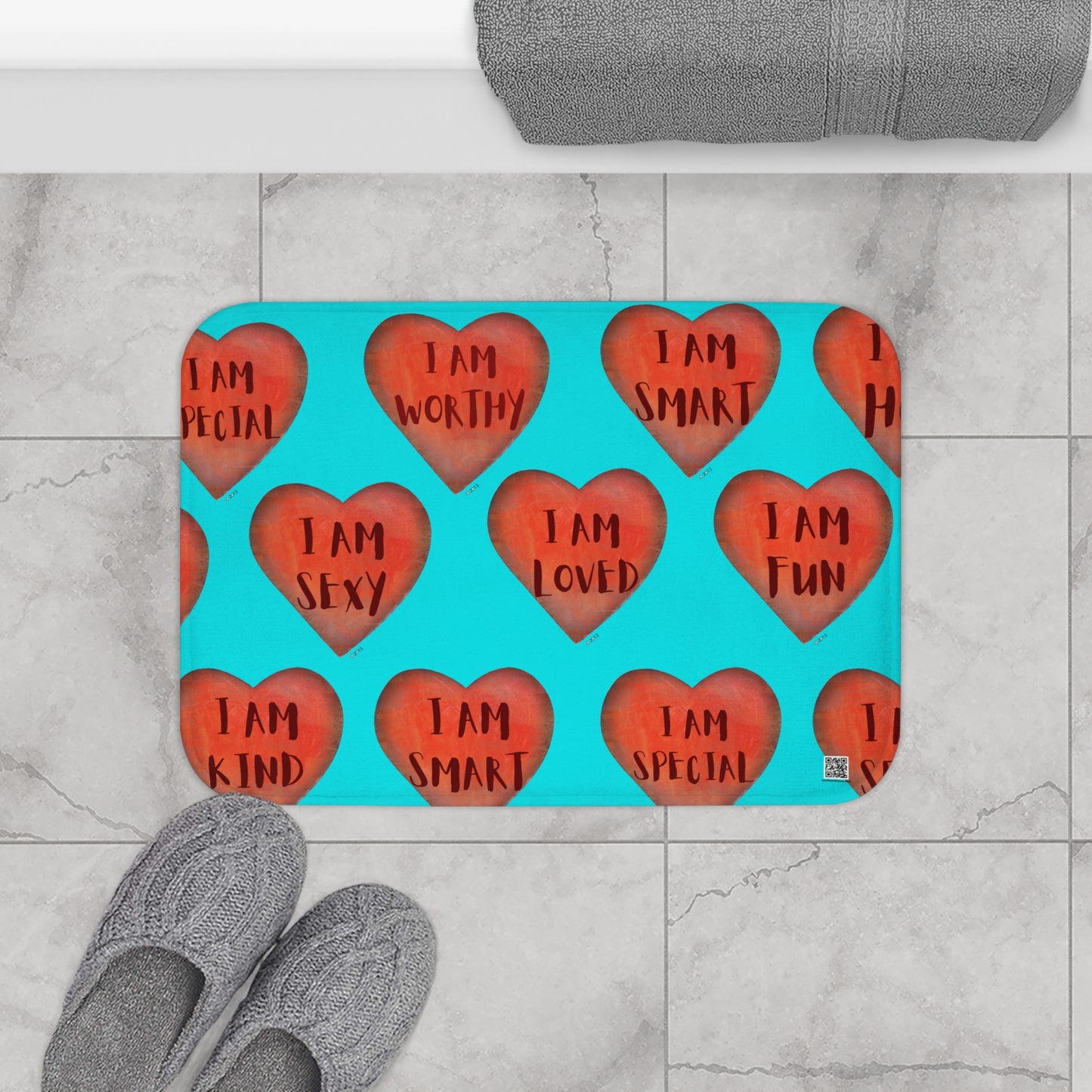 Bath Mat - Turquoise Heart Bathroom mat - Unique Bath mat - Motivational Hearts