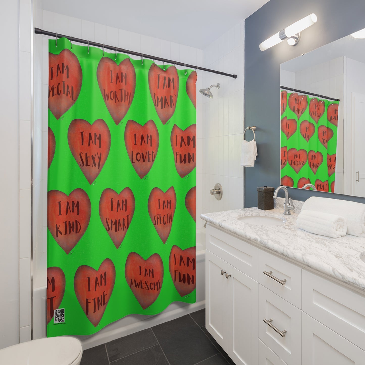 Shower Curtain - Motivational Heart Bath Curtain- Stamina - Green Curtain for Shower College Dorm Sower Curtain