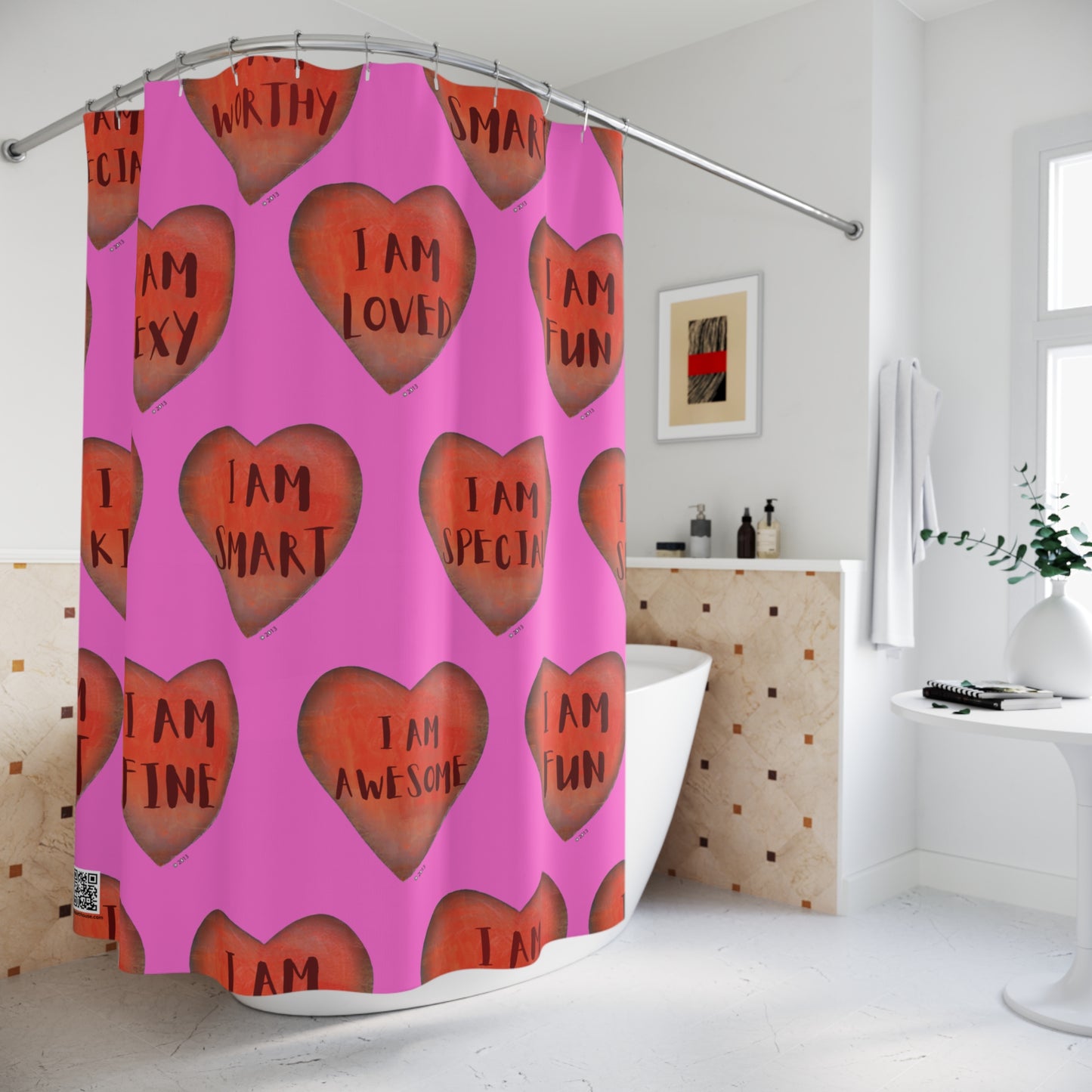 Shower Curtain - Motivational Heart Bath Curtain- Stamina - Pink Curtain for Shower