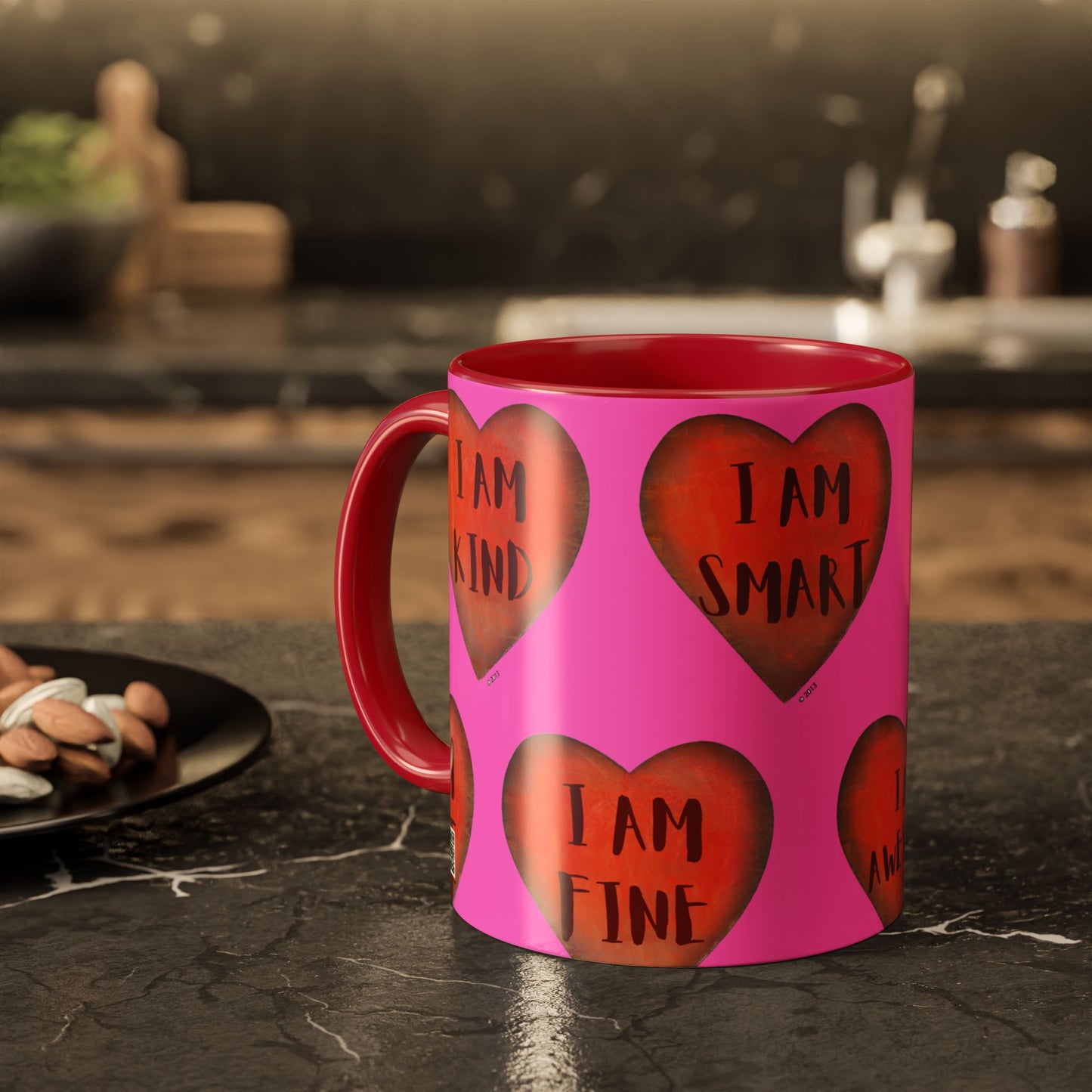 Pink Heart Mug - Colorful hand painted mug - Motivational Mug - Pink Coffee Mug