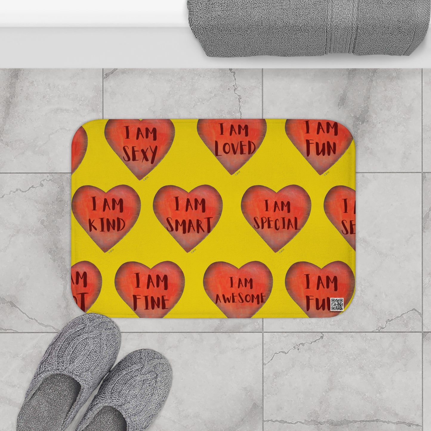 Bath Mat - Yellow Heart Bathroom mat - Unique Bath mat - Motivational Hearts