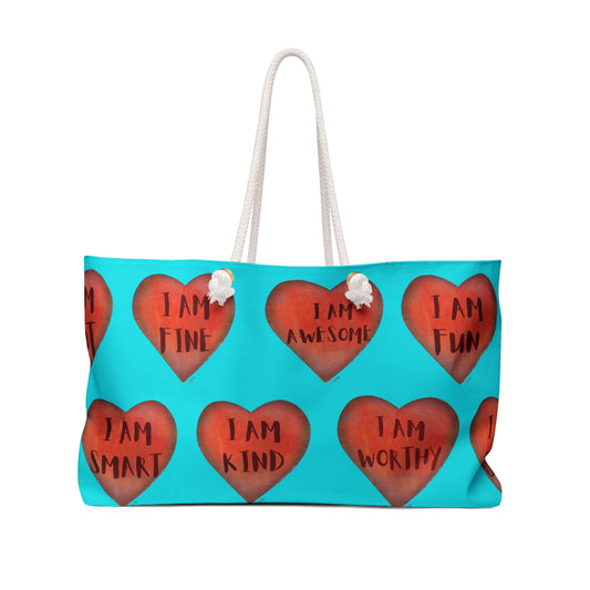 Weekender Bag - Fun Colorful Beach or Weekend Bag Perfect for Mother's Day Gift - Hand painted Turquoise Heart art bag