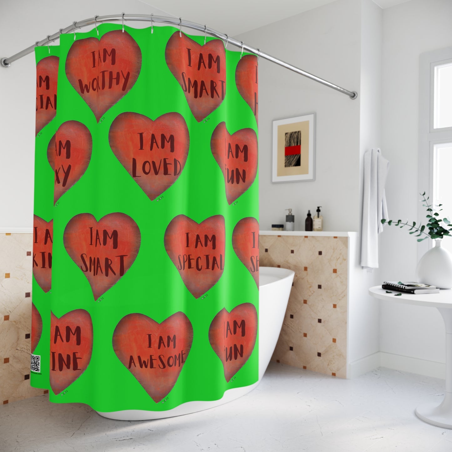 Shower Curtain - Motivational Heart Bath Curtain- Stamina - Green Curtain for Shower College Dorm Sower Curtain