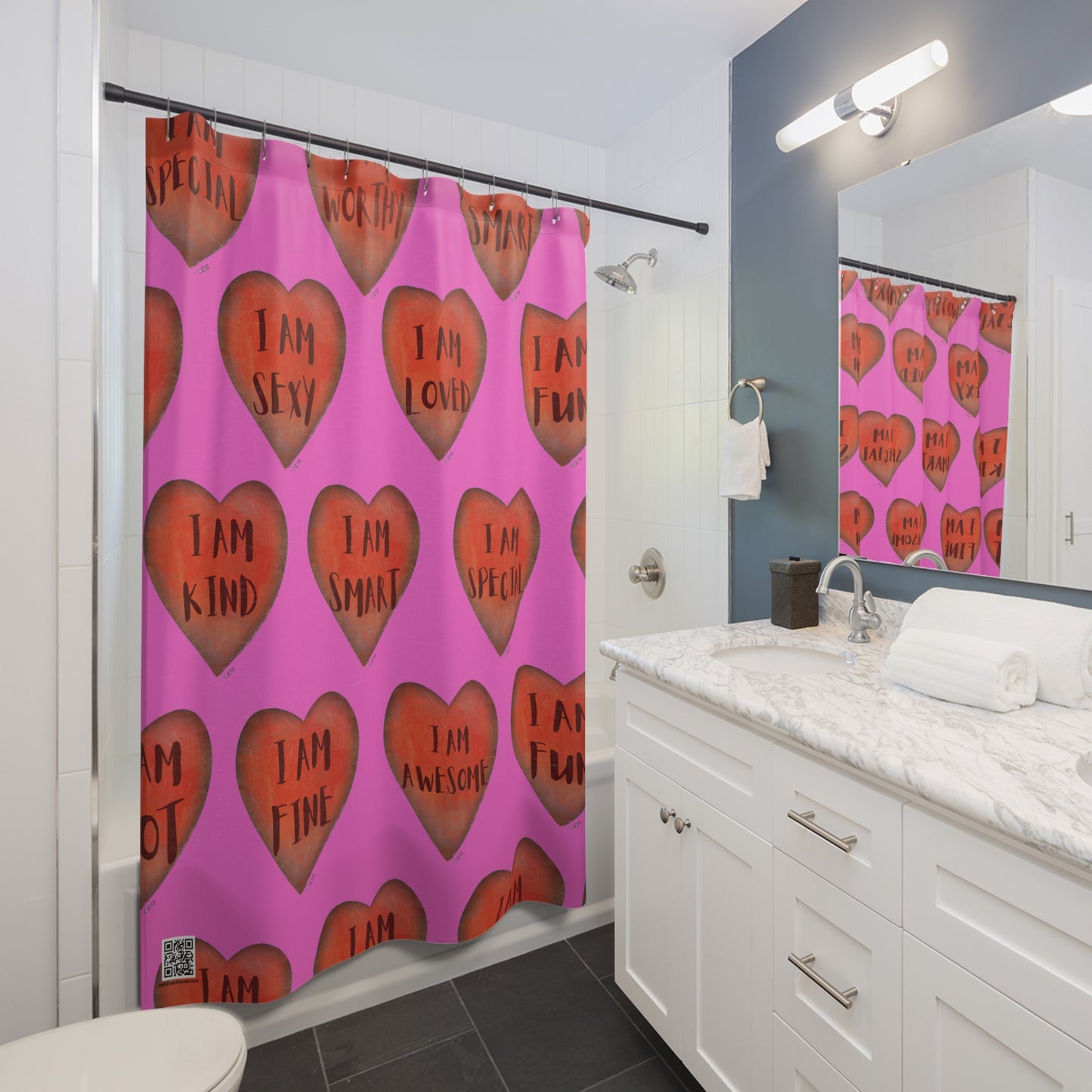 Shower Curtain - Motivational Heart Bath Curtain- Stamina - Pink Curtain for Shower