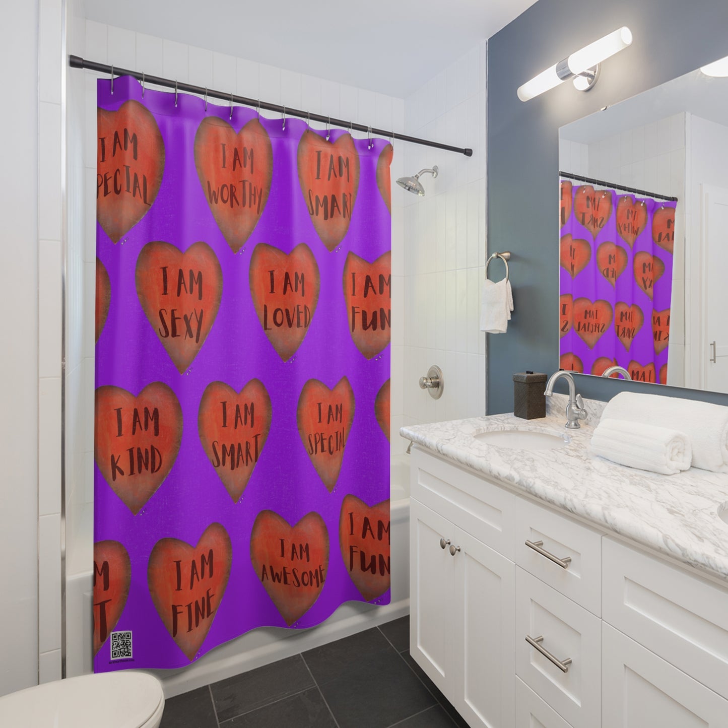 Shower Curtain - Motivational Heart Bath Curtain- Stamina - Purple Curtain for Shower - College Dorm Curtain