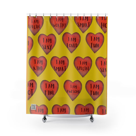 Shower Curtain - Motivational Heart Bath Curtain- Stamina - Yellow Curtain for Shower