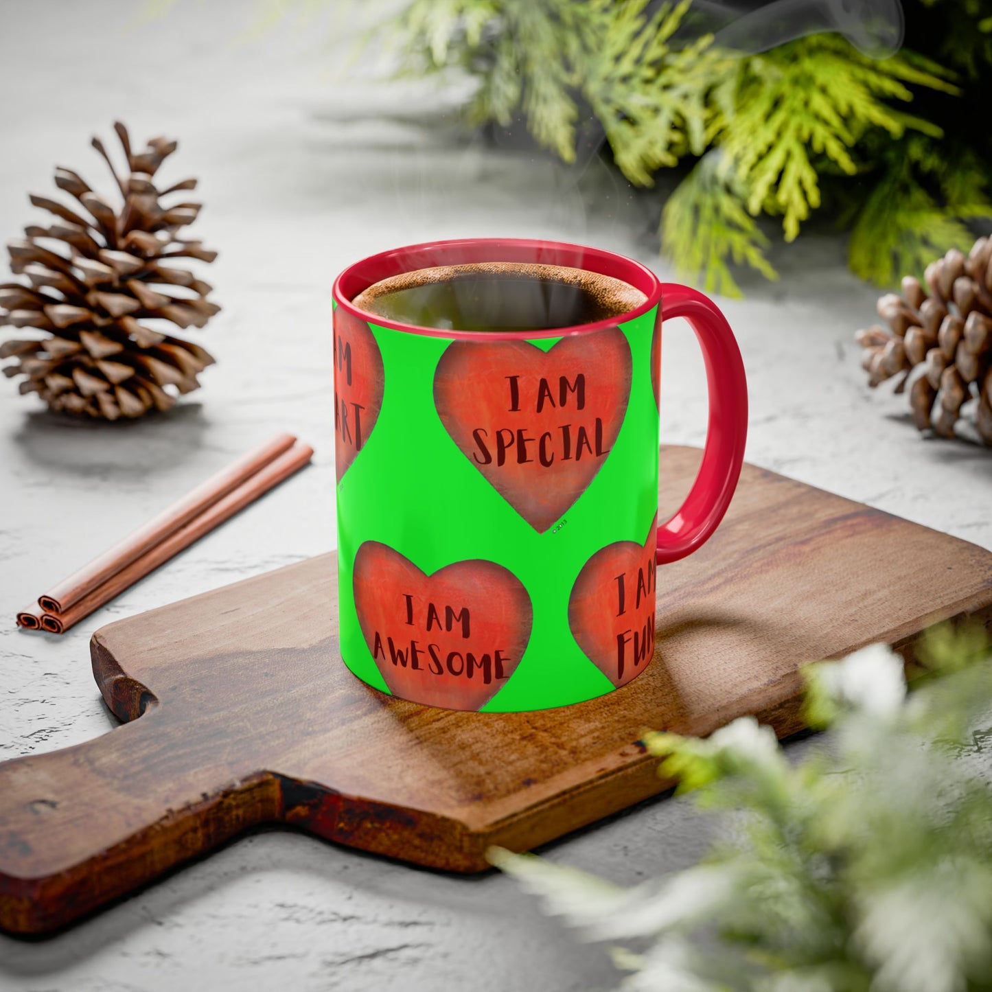 Green Heart Mug - Colorful hand painted mug - Motivational Heart Mug - Green Coffee Mug