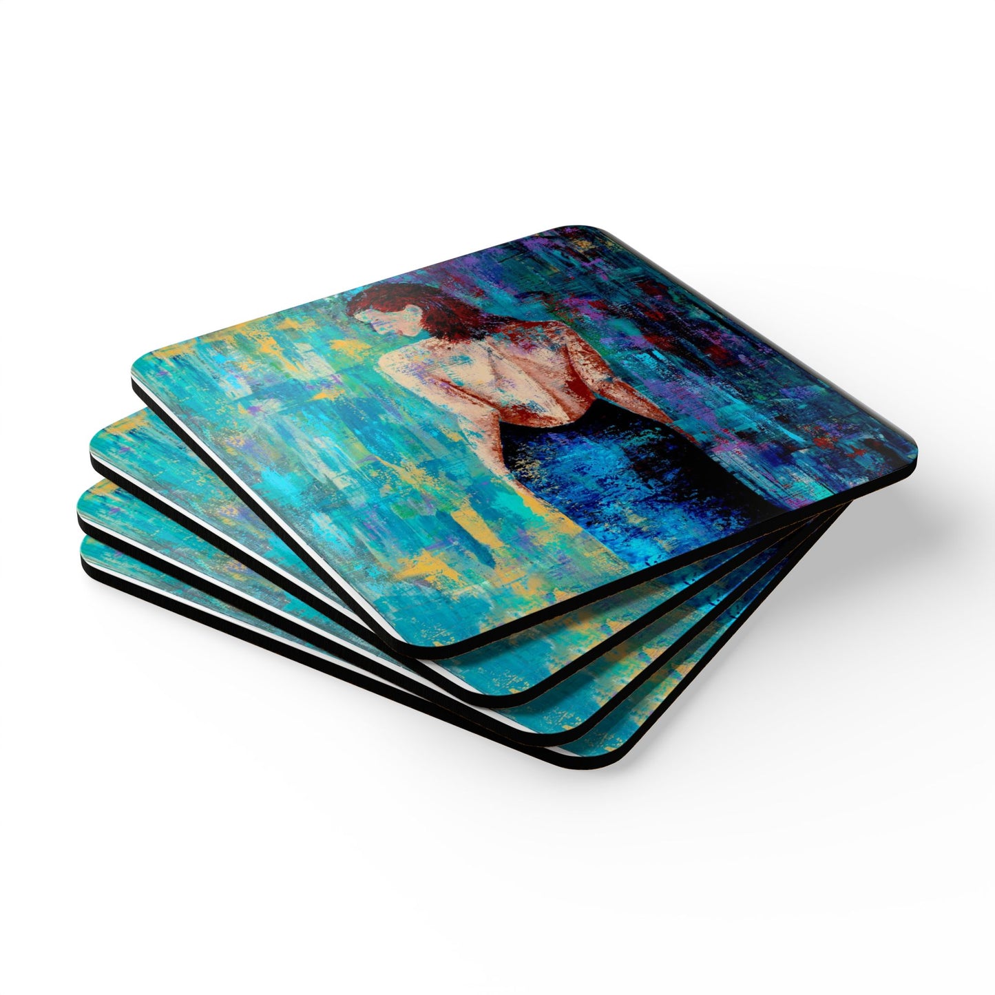 Coaster Set - "Lady in Blue" Original Hand Painted Art - Corkwood