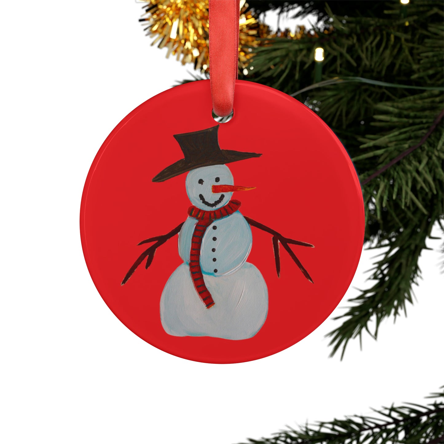 Red Holiday Snowman Ornament with Ribbon - Tree Ornament