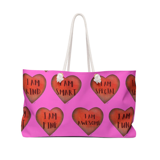 Weekender Bag - Fun Colorful Beach or Weekend Bag Perfect for Mother's Day Gift - Pink Hand painted Heart art bag - Cruise bag