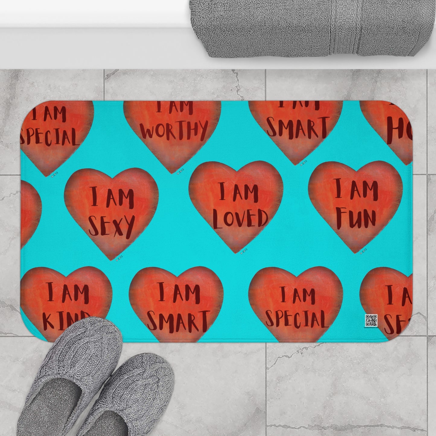 Bath Mat - Turquoise Heart Bathroom mat - Unique Bath mat - Motivational Hearts