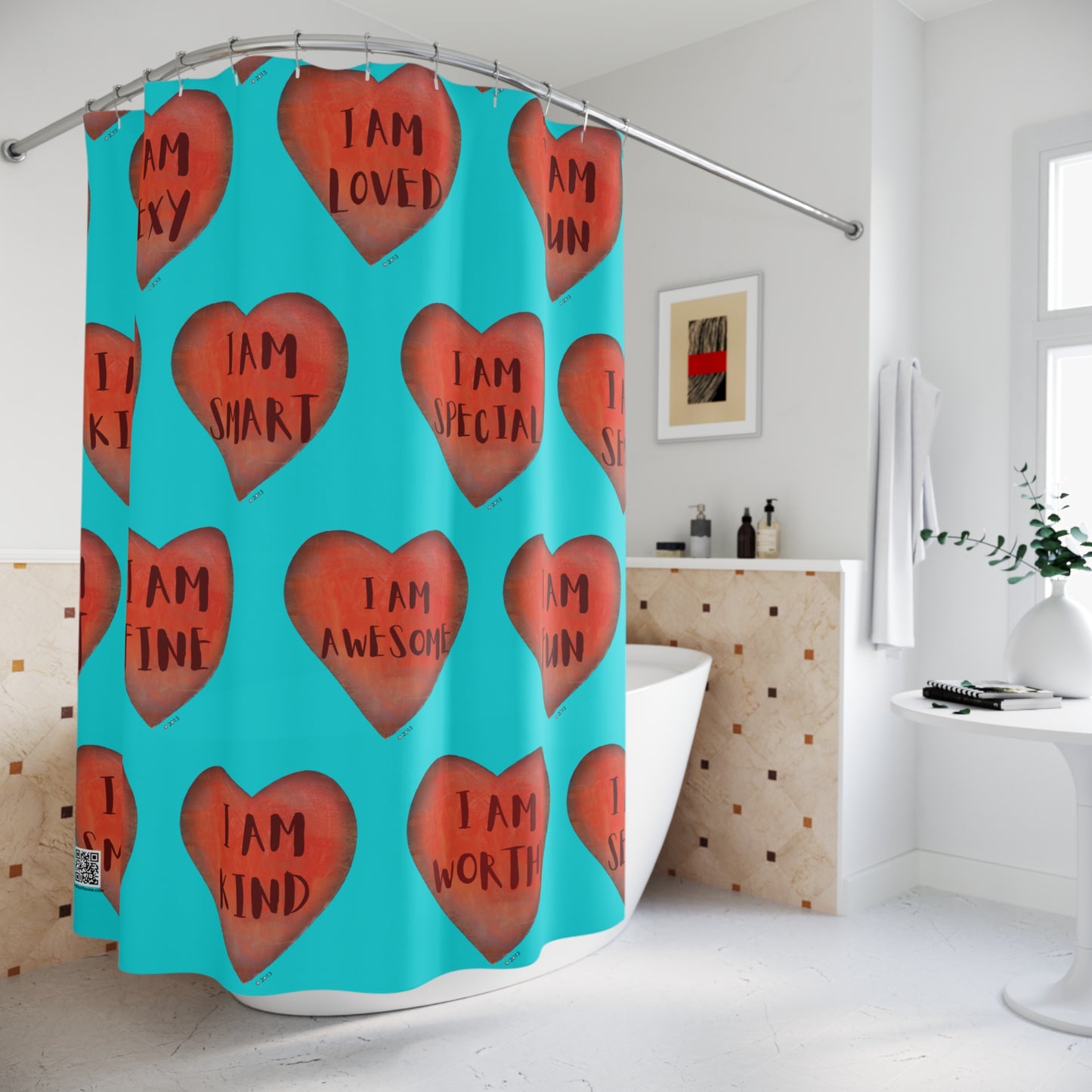 Shower Curtain - Motivational Heart Bath Curtain- Stamina - Turquoise Curtain for Shower - College Bath Curtain