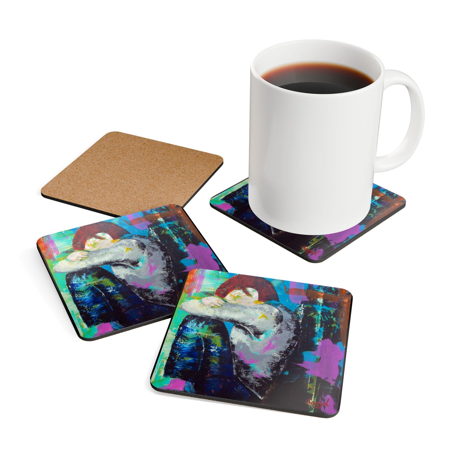 Coaster Set - "Tommy" Original Hand Painted Art - Corkwood